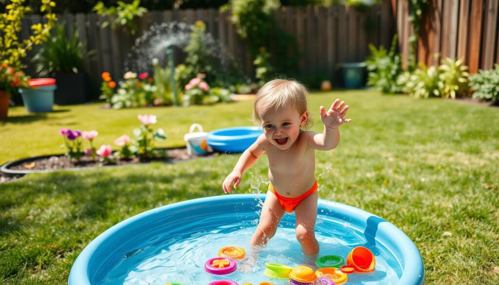 A backyard scene with a playful toddler splashing in a small kiddie pool filled with colorful water toys. In the foreground, the toddler is wearing a bright swimsuit, their arms and legs creating ripples in the shallow water. Behind them, a sun-dappled lawn dotted with flowering plants and a few simple DIY water play elements, such as a sprinkler or a bucket and cups for pouring. The background features a wooden fence and lush greenery, creating a serene, natural atmosphere. The lighting is soft and warm, capturing the joyful, carefree mood of a summer day. The camera angle is slightly elevated, giving a playful, bird's-eye view of the scene.