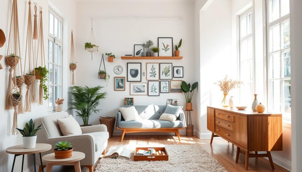 A bright, airy living room with natural light streaming through large windows. On the walls, an eclectic mix of handmade macrame plant hangers, framed botanical prints, and a rustic wooden wall shelf displaying various decorative items. In the foreground, a cozy armchair and a small side table with a potted succulent and a stacked pile of DIY home decor magazines. In the middle ground, a plush area rug, a low coffee table with a tray of DIY craft supplies, and a mid-century modern sideboard showcasing handcrafted ceramics and vases. The overall atmosphere is warm, inviting, and inspiring, reflecting the simple yet stylish DIY home decor ideas.