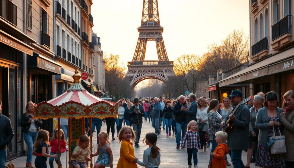 A bustling Parisian street, with families strolling along the sidewalks, stopping to admire the charming storefronts and outdoor cafes. In the foreground, children play on a small carousel, their laughter filling the air. In the middle ground, a group of musicians perform traditional French tunes, drawing a crowd of delighted onlookers. In the background, the iconic Eiffel Tower stands tall, its intricate lattice-work silhouetted against a warm, golden sunset. The scene is bathed in a soft, romantic lighting, conveying a sense of wonder and joy that captures the essence of family-friendly activities in the heart of Paris.