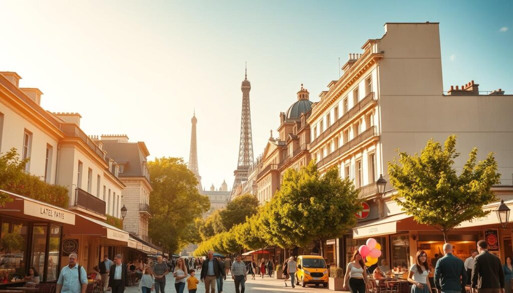 A charming Parisian street scene, bathed in warm, golden afternoon light. In the foreground, families stroll past quaint cafes and boutiques, children holding balloons and parents window-shopping. The middle ground features iconic landmarks like the Eiffel Tower and Notre-Dame Cathedral, softly visible in the distance. The background is a harmonious blend of Haussmannian architecture, lush trees, and a clear, azure sky. The overall atmosphere is one of relaxation, wonder, and the joyful energy of a family-friendly urban oasis.