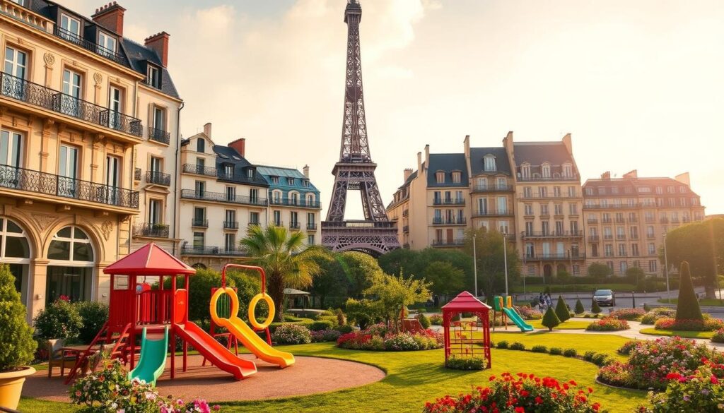 A charming and vibrant image showcasing the top kid-friendly hotels in Paris. In the foreground, a lively playground with colorful slides, swings, and climbing structures, surrounded by a whimsical garden with blooming flowers and lush greenery. In the middle ground, the facades of several elegant, Parisian-style hotels, their architecture reflecting the city's rich history and artistic flair. The background features the iconic Eiffel Tower, its silhouette standing tall against a warm, golden-hued sky, creating a picturesque and inviting atmosphere. The scene is illuminated by soft, natural lighting, lending a cozy and welcoming ambiance. The overall composition captures the perfect balance of family-friendly amenities and the timeless charm of the City of Light.