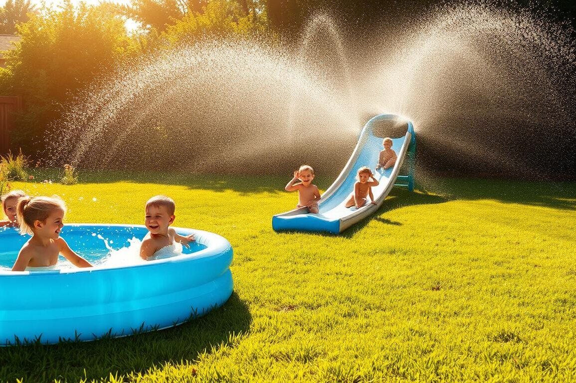 A cheerful backyard scene, with children engaged in various water-based activities. In the foreground, a group of kids splashing and playing in a large inflatable pool, their laughter and joy palpable. In the middle ground, a slip-and-slide snakes through the grass, kids sliding down with gleeful shrieks. In the background, a sprinkler system creates a refreshing mist, casting a cool, shimmering veil over the entire scene. Warm, golden sunlight filters through, lending a vibrant, summery atmosphere. The composition is balanced, with a sense of playful energy and carefree abandon.