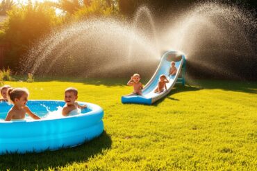 A cheerful backyard scene, with children engaged in various water-based activities. In the foreground, a group of kids splashing and playing in a large inflatable pool, their laughter and joy palpable. In the middle ground, a slip-and-slide snakes through the grass, kids sliding down with gleeful shrieks. In the background, a sprinkler system creates a refreshing mist, casting a cool, shimmering veil over the entire scene. Warm, golden sunlight filters through, lending a vibrant, summery atmosphere. The composition is balanced, with a sense of playful energy and carefree abandon.