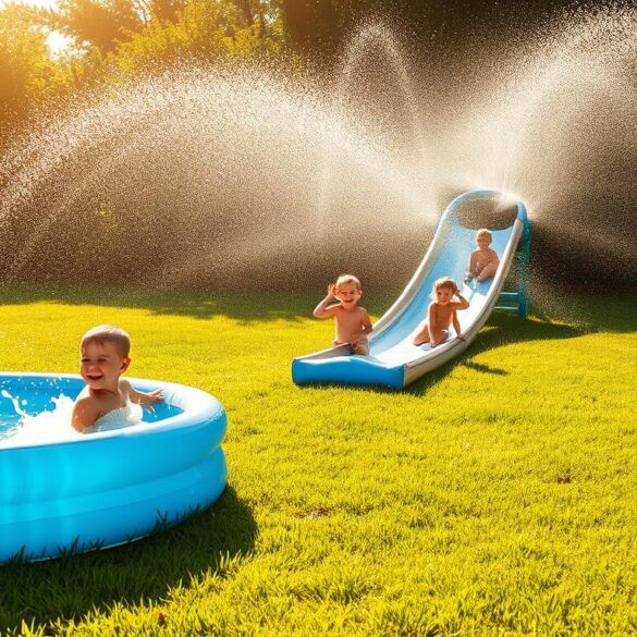 A cheerful backyard scene, with children engaged in various water-based activities. In the foreground, a group of kids splashing and playing in a large inflatable pool, their laughter and joy palpable. In the middle ground, a slip-and-slide snakes through the grass, kids sliding down with gleeful shrieks. In the background, a sprinkler system creates a refreshing mist, casting a cool, shimmering veil over the entire scene. Warm, golden sunlight filters through, lending a vibrant, summery atmosphere. The composition is balanced, with a sense of playful energy and carefree abandon.