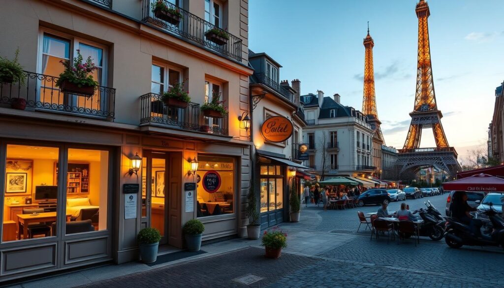 A cozy family-friendly hotel in the heart of Paris, nestled among charming cobblestone streets and bustling cafes. The facade features a warm, inviting exterior with classic Parisian architecture, adorned with flower boxes and a wrought-iron balcony. Inside, the lobby is bright and airy, with plush seating areas and a welcoming staff. The hallways lead to spacious, comfortable rooms with colorful accents, child-friendly amenities, and large windows offering views of the city. In the background, the iconic Eiffel Tower stands tall, its lights twinkling in the evening sky. The scene evokes a sense of Parisian charm and family-oriented hospitality.