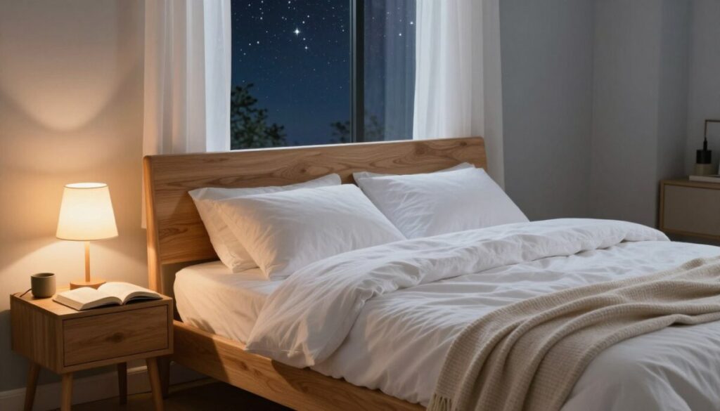 A cozy, screen-free bedroom scene that promotes sleep and relaxation. In the foreground, a stylish wooden bed with fluffy, white bedding, accentuated by soft pillows and a light throw blanket. On the bedside table, a tall, warm-lit lamp emits a gentle glow, illuminating a book placed open, inviting quietude. In the middle ground, a large window reveals a tranquil night sky speckled with stars, the curtains softly fluttering in a light breeze. The background features a serene, softly painted wall in muted colors, adding to the calming ambiance. The overall atmosphere exudes tranquility and modern design, reflecting the theme of healthy sleep habits. Capture this with a warm, inviting light, using a slightly elevated angle to convey depth and intimacy. Ideal for the "Dad In Chief" brand, emphasizing the importance of nurturing spaces for restful sleep.