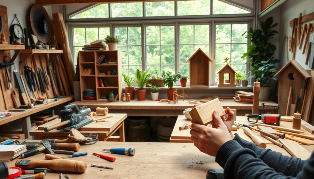A spacious and well-lit workshop with a workbench covered in various DIY tools and materials, such as hammers, saws, screwdrivers, and wood planks. In the foreground, a person is intently focused on a project, their hands skillfully crafting a small wooden object. The middle ground features completed DIY projects, including a repurposed bookshelf, a decorative plant holder, and a handmade birdhouse. The background showcases a lush, verdant garden visible through a large window, creating a serene and inspiring atmosphere. The overall scene conveys a sense of accomplishment, creativity, and the joy of successful DIY endeavors.