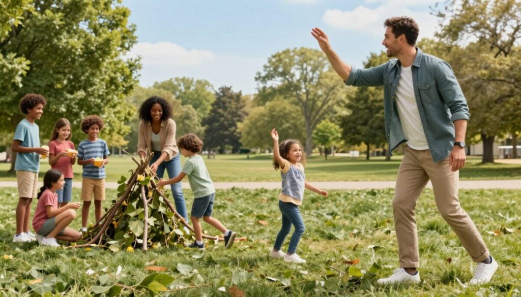 A vibrant park scene showcasing a diverse group of families engaging in real-world connection activities. In the foreground, a father wearing casual but neat clothing plays catch with his young daughter, both smiling joyfully. In the middle ground, a mother helps her son build a fort with branches and leaves, while nearby, a group of children share snacks and laughter. The background features a beautiful landscape with green trees and a clear blue sky, suggesting a sunny day. Soft, natural lighting highlights the warmth of the moment. A subtle depth of field is used to draw focus to the families, creating an inviting, friendly atmosphere. Ensure the image reflects a sense of togetherness, movement, and independence, encapsulating the essence of modern fatherhood, with the brand name "Dad In Chief" subtly integrated into the scene.