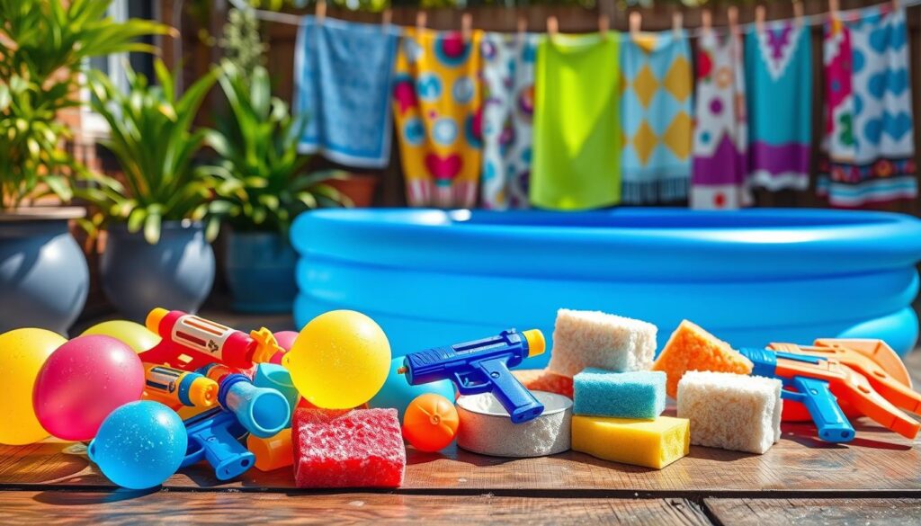 A vibrant still life depicting an array of DIY water game supplies. In the foreground, an assortment of colorful water balloons, squirt guns, and water-soaked sponges are artfully arranged on a rustic wooden surface, with droplets of water glistening across their surfaces. The middle ground features a large inflatable kiddie pool, its bright blue hue contrasting with the surrounding greenery of lush potted plants. In the background, a clothesline hangs with a variety of colorful, water-themed towels drying in the warm, sun-dappled air. The overall scene conveys a sense of playful summer fun and a DIY spirit, ready to beat the heat with homemade water-based activities.