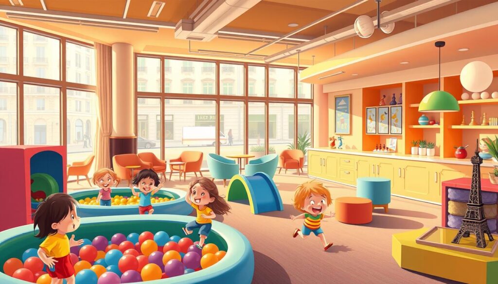 A vibrant, whimsical illustration of a kid-friendly hotel in Paris. In the foreground, a group of smiling children play in a colorful, well-equipped indoor play area, complete with ball pits, slides, and climbing structures. The middle ground features a cozy, inviting lobby with plush seating, a concierge desk, and playful decor such as oversized chess pieces and a miniature Eiffel Tower. In the background, glimpses of a bustling Parisian street can be seen through large windows, creating a sense of urban energy balanced by the hotel's family-focused ambiance. The lighting is warm and natural, casting a welcoming glow throughout the scene. The angle is a slightly elevated, three-quarter view, allowing the viewer to take in the entire hotel space. The overall mood is one of whimsy, comfort, and child-friendly delight.