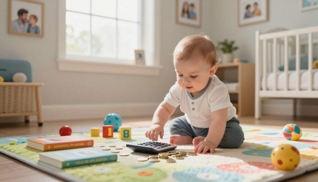 A charming, realistic baby in a cozy, stylish nursery, sitting on a soft, colorful playmat surrounded by financial planning books and baby toys. The baby, wearing a smart, casual outfit, is playfully reaching for a calculator and a stack of colorful coins, symbolizing financial readiness. In the background, a warm, inviting window lets in soft, natural light that creates a cheerful atmosphere. The walls are adorned with framed pictures of happy families and inspirational quotes about fatherhood. The scene is captured from a slightly elevated angle, emphasizing the innocence of the baby while suggesting a sense of responsibility and preparation for future challenges of fatherhood. The overall mood is light-hearted yet conveys a serious message about financial planning for new dads.