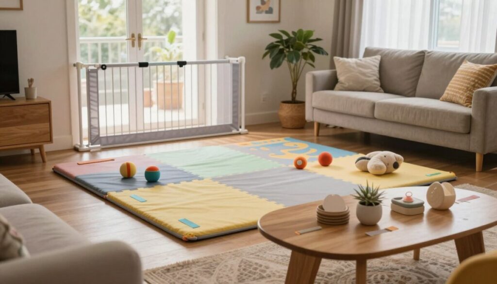 A child-safe living room showcasing practical babyproofing solutions. In the foreground, a beautifully arranged coffee table with rounded corners, featuring decorative objects secured with adhesive safety strips. On the middle ground, a small childproof play area, complete with soft, colorful foam mats and plush toys, emphasizing a warm and inviting atmosphere. The background illustrates a cozy living room with furniture placed safely out of reach, a child safety gate elegantly installed at the doorway, and a potted plant positioned away from children’s reach. Soft, natural light streams through a window, casting a gentle glow that enhances the peaceful and organized environment. Capture this space with a balanced composition, using a wide-angle lens to provide an encompassing view. This image should radiate safety, comfort, and practicality in babyproofing.