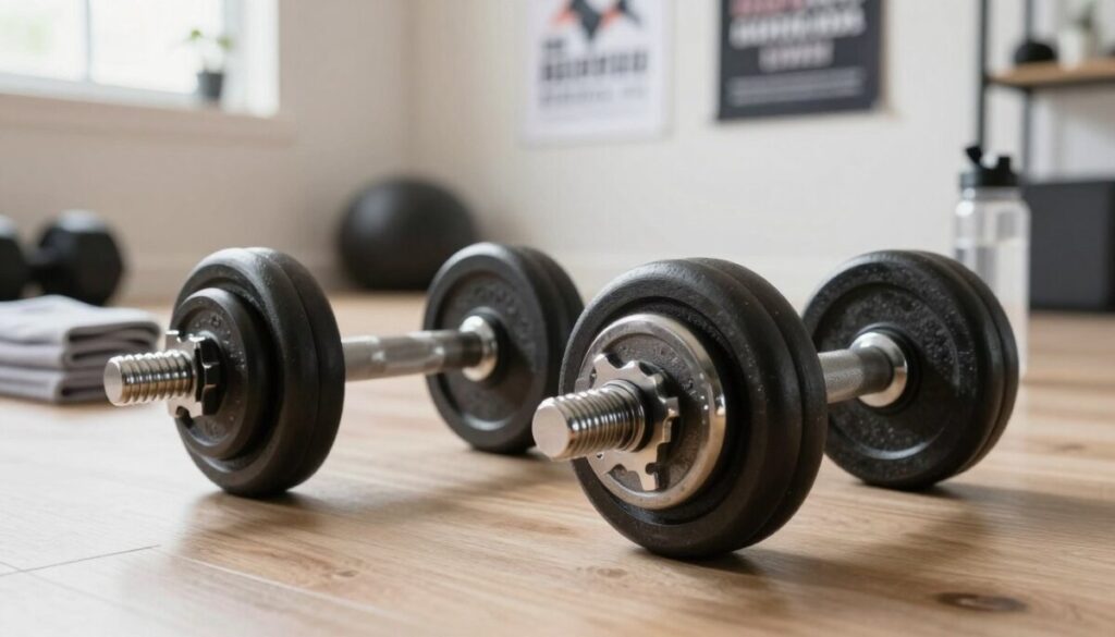 A close-up shot of a pair of sleek, modern adjustable dumbbells resting on a well-organized home gym floor. The dumbbells are designed with a unique weight adjustment mechanism, showcasing their versatility. In the foreground, the dumbbells gleam under bright, natural light, highlighting their metallic finish and ergonomic grips. The middle ground features a neatly folded workout towel and a water bottle, adding a personal touch. In the background, a minimalistic home gym setup with light-colored walls and motivational posters creates an inviting atmosphere. The overall mood is energetic and motivational, suitable for inspiring fitness enthusiasts. The image should not contain any text or signatures, focusing solely on the equipment and the gym environment.