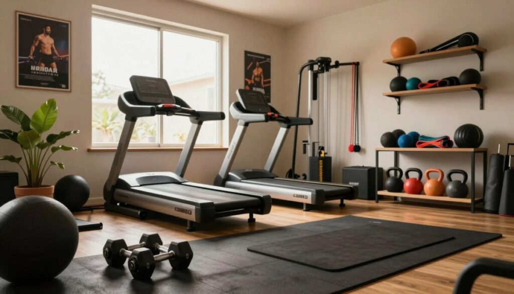 A cozy and inviting home gym scene, showcasing a well-organized workout area in a spacious room. In the foreground, a set of dumbbells rests on a rubber mat, while a yoga mat lies nearby. In the middle ground, a sleek treadmill and a multi-gym machine are positioned next to a large window letting in warm, natural light. The walls are adorned with motivational posters, and a potted plant sits in the corner, adding a touch of greenery. In the background, shelves neatly hold fitness gear like resistance bands and kettlebells. The lighting is soft and indirect, creating a motivating atmosphere conducive to fitness. The overall mood is encouraging and dynamic, perfect for a father dedicating time to his health and wellness.