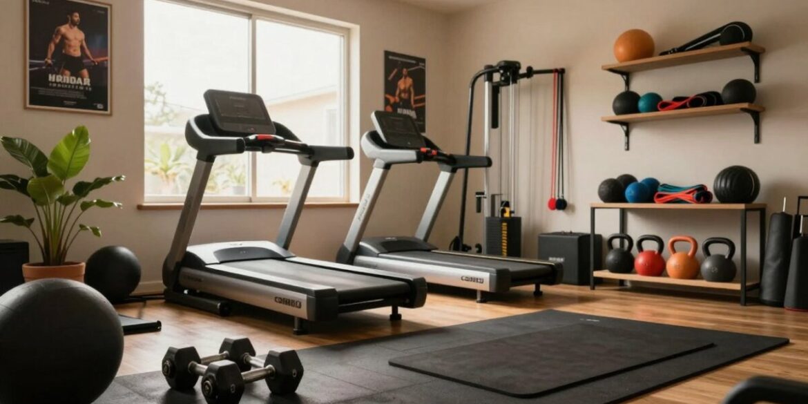 A cozy and inviting home gym scene, showcasing a well-organized workout area in a spacious room. In the foreground, a set of dumbbells rests on a rubber mat, while a yoga mat lies nearby. In the middle ground, a sleek treadmill and a multi-gym machine are positioned next to a large window letting in warm, natural light. The walls are adorned with motivational posters, and a potted plant sits in the corner, adding a touch of greenery. In the background, shelves neatly hold fitness gear like resistance bands and kettlebells. The lighting is soft and indirect, creating a motivating atmosphere conducive to fitness. The overall mood is encouraging and dynamic, perfect for a father dedicating time to his health and wellness.