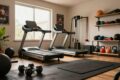 A cozy and inviting home gym scene, showcasing a well-organized workout area in a spacious room. In the foreground, a set of dumbbells rests on a rubber mat, while a yoga mat lies nearby. In the middle ground, a sleek treadmill and a multi-gym machine are positioned next to a large window letting in warm, natural light. The walls are adorned with motivational posters, and a potted plant sits in the corner, adding a touch of greenery. In the background, shelves neatly hold fitness gear like resistance bands and kettlebells. The lighting is soft and indirect, creating a motivating atmosphere conducive to fitness. The overall mood is encouraging and dynamic, perfect for a father dedicating time to his health and wellness.