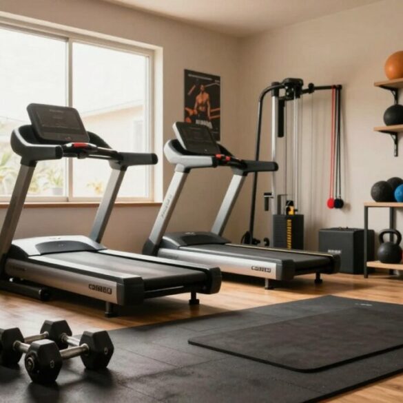 A cozy and inviting home gym scene, showcasing a well-organized workout area in a spacious room. In the foreground, a set of dumbbells rests on a rubber mat, while a yoga mat lies nearby. In the middle ground, a sleek treadmill and a multi-gym machine are positioned next to a large window letting in warm, natural light. The walls are adorned with motivational posters, and a potted plant sits in the corner, adding a touch of greenery. In the background, shelves neatly hold fitness gear like resistance bands and kettlebells. The lighting is soft and indirect, creating a motivating atmosphere conducive to fitness. The overall mood is encouraging and dynamic, perfect for a father dedicating time to his health and wellness.