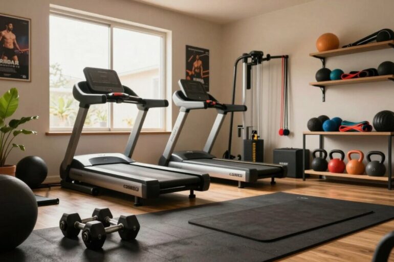 A cozy and inviting home gym scene, showcasing a well-organized workout area in a spacious room. In the foreground, a set of dumbbells rests on a rubber mat, while a yoga mat lies nearby. In the middle ground, a sleek treadmill and a multi-gym machine are positioned next to a large window letting in warm, natural light. The walls are adorned with motivational posters, and a potted plant sits in the corner, adding a touch of greenery. In the background, shelves neatly hold fitness gear like resistance bands and kettlebells. The lighting is soft and indirect, creating a motivating atmosphere conducive to fitness. The overall mood is encouraging and dynamic, perfect for a father dedicating time to his health and wellness.