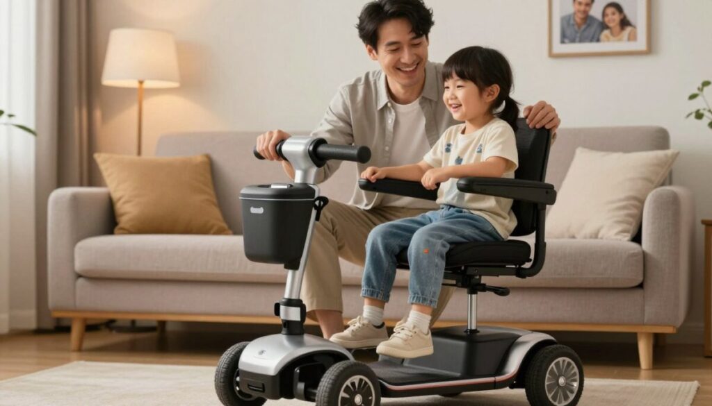 A cozy living room scene featuring a dad and his young child sitting together, both smiling while using a sleek, ultra-lightweight folding mobility scooter. In the foreground, the scooter is prominently displayed, showcasing its modern design and portability. The middle layer includes the dad wearing comfortable yet professional casual clothing, and the child in playful attire, both engaging happily with the scooter. The background features warm ambient lighting, soft furniture and family photos, creating a welcoming atmosphere. The scene is captured with a shallow depth of field, focusing on the dad and child while subtly blurring the background to emphasize their joyful interaction with the scooter. The mood is uplifting, reflecting the positive impact of the mobility scooter on their daily lives.