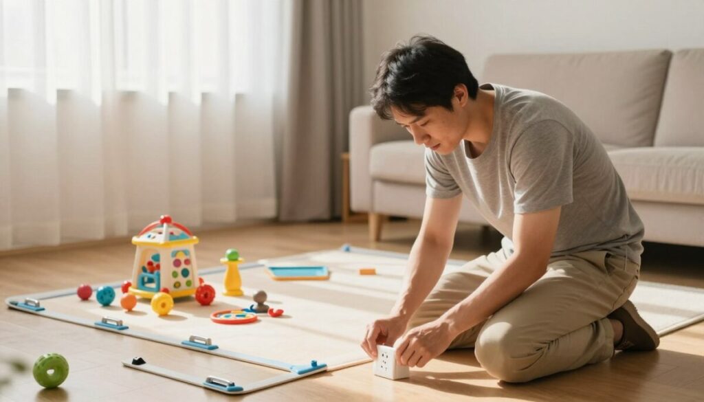 A cozy living room scene showcasing a dad engaging in babyproofing activities. In the foreground, a dad in modest casual clothing is kneeling and securing electrical outlets with safety covers, his expression focused yet relaxed. In the middle ground, colorful baby toys are scattered around, alongside various babyproofing gadgets like corner protectors and cabinet locks, emphasizing the theme of practical safety. The background features a warmly lit room with soft sunlight filtering through sheer curtains, creating a calm atmosphere. The composition should convey a sense of purpose and serenity, with a wide-angle view that captures the entirety of the home setting, highlighting the dad's proactive approach to creating a safe environment for his child.