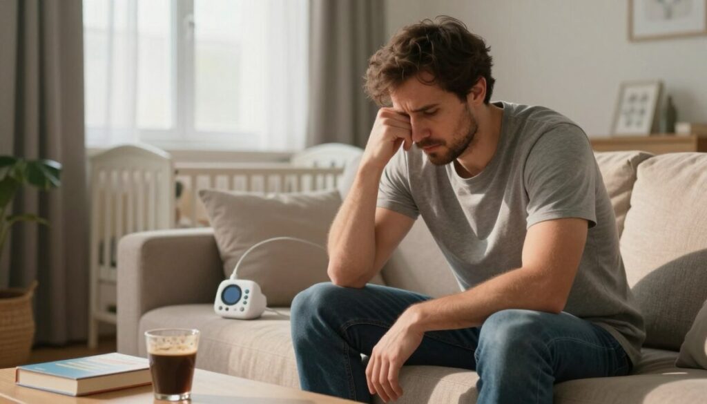 A modern dad sitting on a couch in a warmly lit living room, looking contemplative and slightly overwhelmed. He wears a comfortable, modest t-shirt and jeans, with a baby monitor next to him, symbolizing his new parenting role. In the foreground, a half-empty coffee cup and a few parenting books hint at his struggles. The middle ground features soft, natural lighting filtering through a nearby window, casting gentle shadows that enhance the calm yet heavy atmosphere. In the background, a peaceful nursery can be glimpsed, emphasizing the contrast between the joys of fatherhood and the weight of postpartum depression. The overall mood is one of reflection and solidarity, showcasing the often-unseen challenges faced by dads during this transitional period.