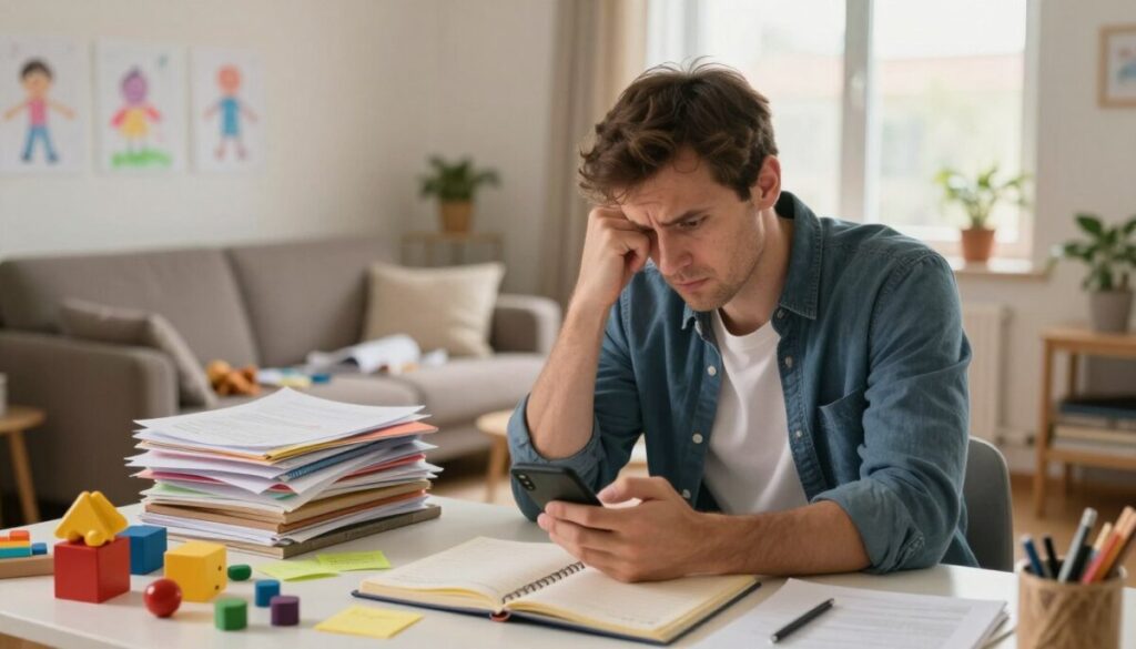 A modern father sitting at a cluttered desk, visibly distracted as he scrolls through his smartphone while ignoring a stack of unfinished tasks beside him. In the foreground, scattered toys and an open notebook filled with reminders highlight the chaos of parental responsibilities. In the middle ground, a cozy yet messy living room reflects the hustle of family life, with a couch in disarray and a children's drawing on the wall. The background features a sunny window casting soft, warm light that creates a contrast with the father's frustrated expression. The overall mood captures the struggle of parental procrastination, emphasizing the balance between family duties and personal distractions in a relatable, realistic style. Soft focus on the father while keeping the surroundings detailed.