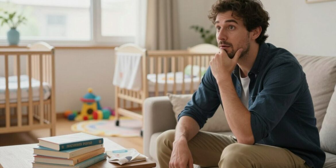 A serene and inviting scene depicting a father preparing for parenthood. In the foreground, a man in modest casual attire, such as a navy blue shirt and khaki pants, sits on a comfortable couch, surrounded by parenting books and a baby crib. His expression reflects a mix of excitement and contemplation. In the middle ground, a softly lit play area with colorful toys and a small baby blanket conveys a nurturing environment. In the background, a window lets in warm, natural light, highlighting the cozy atmosphere. The overall mood is one of hope and anticipation, capturing the essence of modern fatherhood readiness. The composition should be realistic, with a gentle focus that brings out the emotions of the scene.
