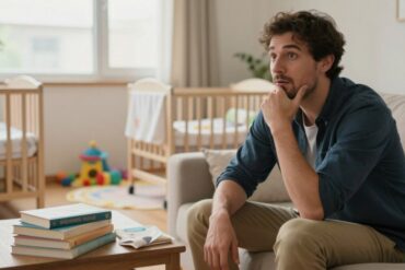 A serene and inviting scene depicting a father preparing for parenthood. In the foreground, a man in modest casual attire, such as a navy blue shirt and khaki pants, sits on a comfortable couch, surrounded by parenting books and a baby crib. His expression reflects a mix of excitement and contemplation. In the middle ground, a softly lit play area with colorful toys and a small baby blanket conveys a nurturing environment. In the background, a window lets in warm, natural light, highlighting the cozy atmosphere. The overall mood is one of hope and anticipation, capturing the essence of modern fatherhood readiness. The composition should be realistic, with a gentle focus that brings out the emotions of the scene.