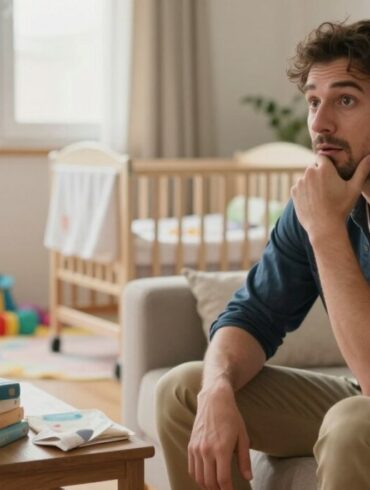 A serene and inviting scene depicting a father preparing for parenthood. In the foreground, a man in modest casual attire, such as a navy blue shirt and khaki pants, sits on a comfortable couch, surrounded by parenting books and a baby crib. His expression reflects a mix of excitement and contemplation. In the middle ground, a softly lit play area with colorful toys and a small baby blanket conveys a nurturing environment. In the background, a window lets in warm, natural light, highlighting the cozy atmosphere. The overall mood is one of hope and anticipation, capturing the essence of modern fatherhood readiness. The composition should be realistic, with a gentle focus that brings out the emotions of the scene.