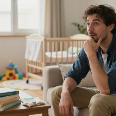 A serene and inviting scene depicting a father preparing for parenthood. In the foreground, a man in modest casual attire, such as a navy blue shirt and khaki pants, sits on a comfortable couch, surrounded by parenting books and a baby crib. His expression reflects a mix of excitement and contemplation. In the middle ground, a softly lit play area with colorful toys and a small baby blanket conveys a nurturing environment. In the background, a window lets in warm, natural light, highlighting the cozy atmosphere. The overall mood is one of hope and anticipation, capturing the essence of modern fatherhood readiness. The composition should be realistic, with a gentle focus that brings out the emotions of the scene.