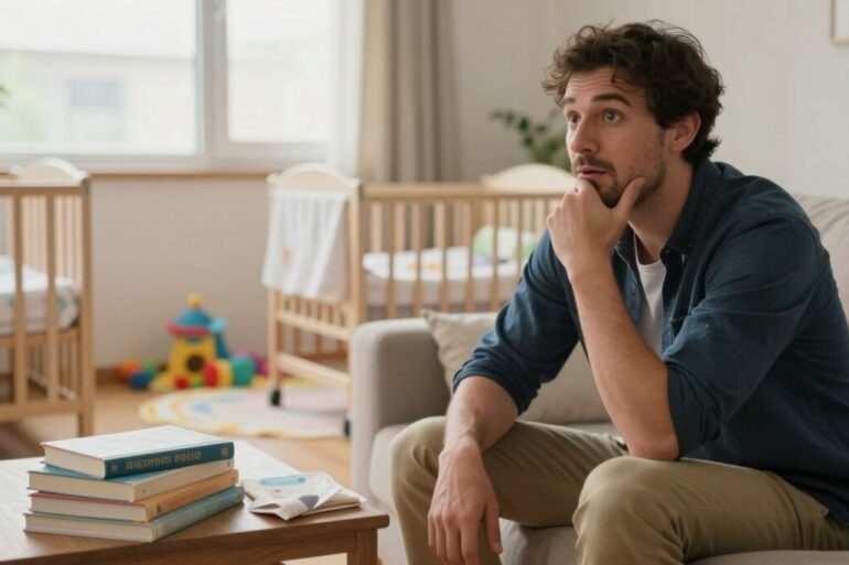 A serene and inviting scene depicting a father preparing for parenthood. In the foreground, a man in modest casual attire, such as a navy blue shirt and khaki pants, sits on a comfortable couch, surrounded by parenting books and a baby crib. His expression reflects a mix of excitement and contemplation. In the middle ground, a softly lit play area with colorful toys and a small baby blanket conveys a nurturing environment. In the background, a window lets in warm, natural light, highlighting the cozy atmosphere. The overall mood is one of hope and anticipation, capturing the essence of modern fatherhood readiness. The composition should be realistic, with a gentle focus that brings out the emotions of the scene.