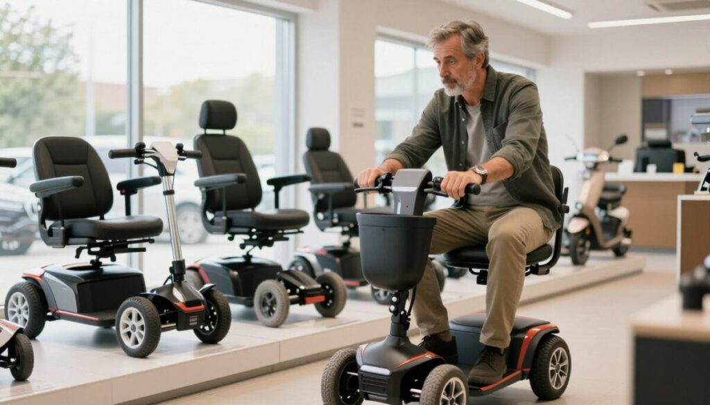 A stylish, modern interior showcasing a selection of mobility scooters in a well-lit showroom. In the foreground, a mature father in smart casual attire examines an ultra-lightweight folding scooter, looking intrigued and thoughtful. In the middle, various scooters are displayed neatly on pedestals, highlighting their features like folding mechanisms and adjustable controls. The background features large windows letting in natural light, illuminating the space, and a soft, inviting color palette creates a warm, friendly atmosphere. The scene captures the essence of modern fatherhood, emphasizing practicality and lifestyle. Use soft focus to draw attention to the father and the scooter, with a slight depth of field to enhance the visual interest.