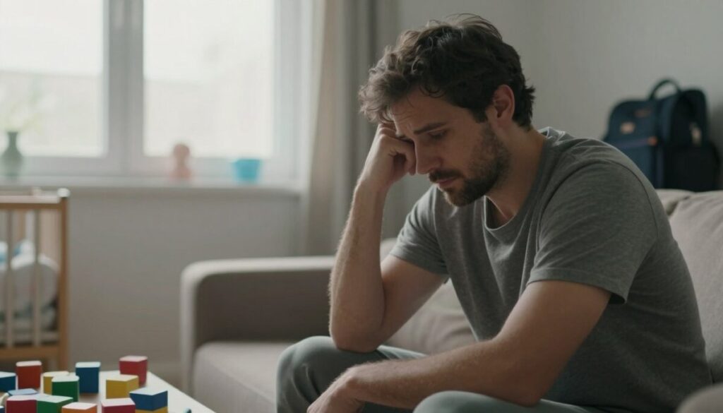 A visual representation of a new dad experiencing signs of postpartum depression. In the foreground, show a father in modest casual clothing, sitting alone on a couch, with a distant, contemplative expression. He appears overwhelmed, with toy blocks scattered around him, symbolizing the new responsibilities. In the middle ground, a window lets in soft, diffused morning light, enhancing the feeling of isolation. In the background, subtle hints of baby items can be seen, like a crib and diaper bag, implying an unease within what should be a joyful environment. The overall atmosphere should convey a sense of melancholy and reflection, emphasizing the emotional challenges new fathers may face. Use a focal length that captures the father's expressions while softly blurring the background for depth.