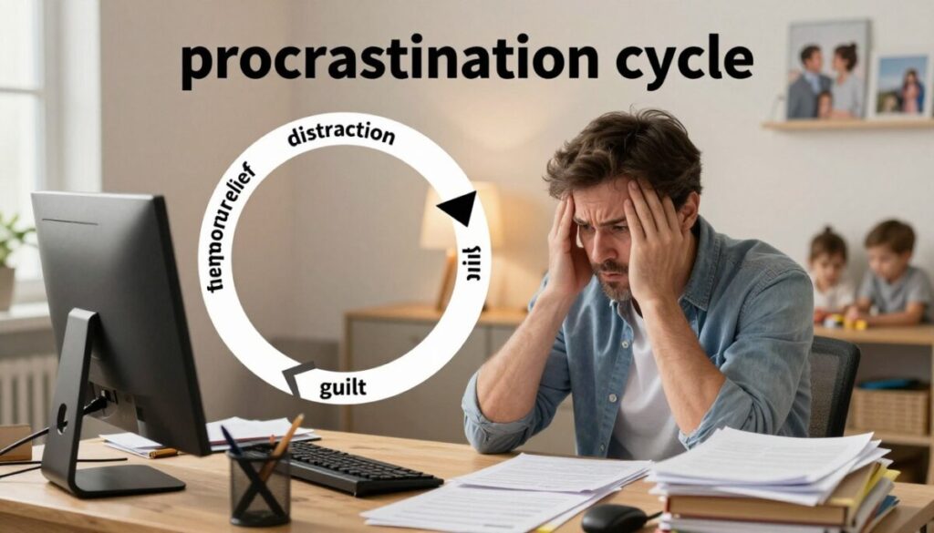 A visual representation of the "procrastination cycle," depicting a busy father in a home office setting. In the foreground, the father, a middle-aged man in casual yet neat clothing, appears frustrated and overwhelmed at his cluttered desk filled with unfinished tasks, a computer, and scattered paperwork. In the middle, a cycle graphic overlays the scene, illustrating stages like "distraction," "guilt," and "temporary relief." The background features a warm, softly lit room with family photos and children's toys, symbolizing the distractions of parenthood. The atmosphere should evoke a sense of relatable struggle, with soft natural lighting that highlights the father's expressions and the chaotic environment. The composition should balance realism with a slightly stylized editorial feel, capturing both the weight of responsibility and the desire for productivity.