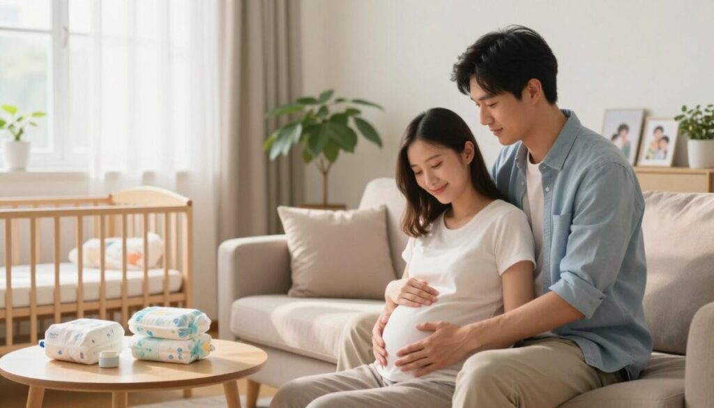 A warm and inviting scene capturing the essence of pregnancy support in modern fatherhood. In the foreground, a man in casual yet tidy clothing, gently holding his partner's pregnant belly. He looks affectionately at her, showcasing a supportive and loving demeanor. The middle space features a cozy living room with soft lighting, complete with a comfortable couch and baby-related items like a small crib and diapers on a nearby table. Soft sunlight filters through window curtains, creating a serene atmosphere. In the background, potted plants and family photos add a touch of personal warmth. The overall mood is nurturing and encouraging, illustrating the bond between partners during this transformative time.