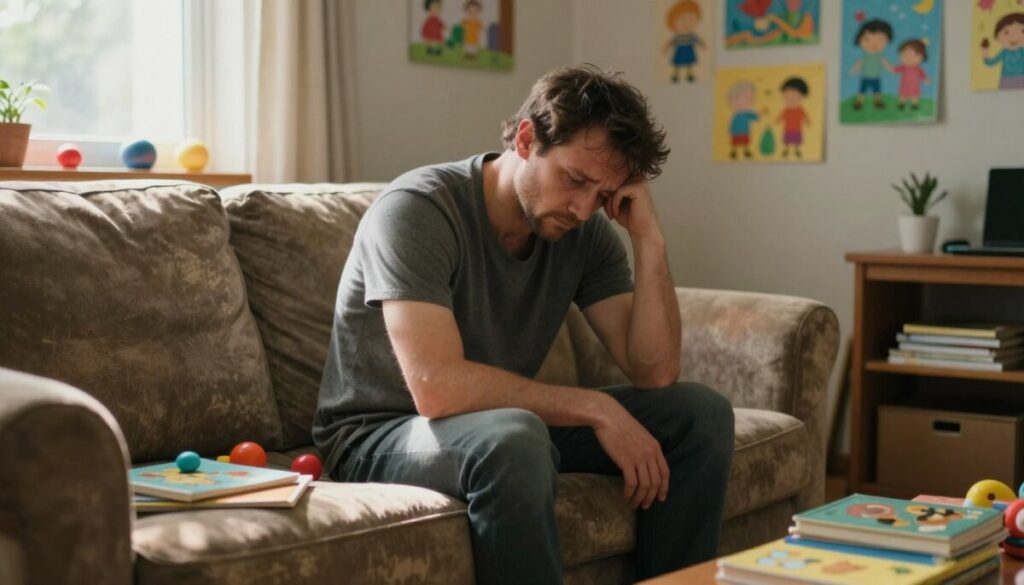 A weary father sits on a worn-out sofa in a cozy living room, surrounded by scattered toys and children's books, conveying the emotional weight of depleted dad syndrome. He is dressed in comfortable, modest casual clothing, with a tired expression reflecting the challenges of modern parenthood. Sunlight streams through a nearby window, creating soft shadows that enhance the scene's warmth and realism. In the background, children's artwork is displayed on the walls, symbolizing the joy and chaos of family life. The atmosphere is a mix of nostalgia and exhaustion, capturing the essence of parental burnout while highlighting the love and dedication that underpin fatherhood. The image should have a depth of field effect, focusing on the father's expression while softly blurring the bustling environment around him.