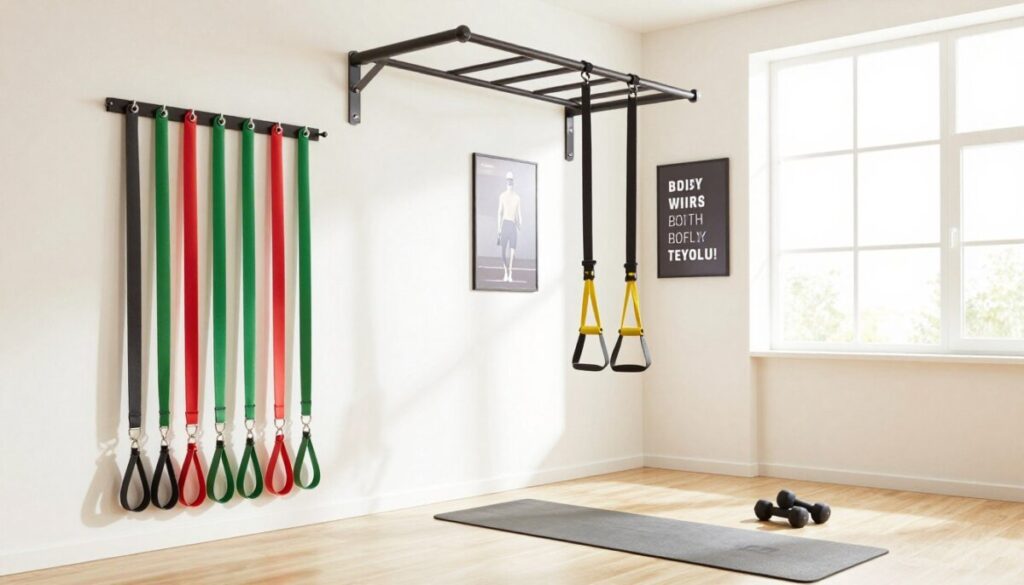 A well-lit home gym setting featuring resistance bands and suspension trainers prominently displayed in the foreground. The resistance bands, in vibrant colors, are neatly organized and hung from a wall-mounted anchor, while the suspension trainer is draped over a sturdy pull-up bar. In the middle ground, a yoga mat is laid out, with a pair of dumbbells placed nearby, adding to the workout ambiance. The background includes a minimalist decor with motivational fitness posters on the wall, and a large window allowing natural light to flood in, creating an inviting atmosphere. The scene conveys a sense of readiness and motivation for busy dads to engage in quick yet effective workouts at home. The overall mood is energizing and inspiring, perfect for fitness enthusiasts.