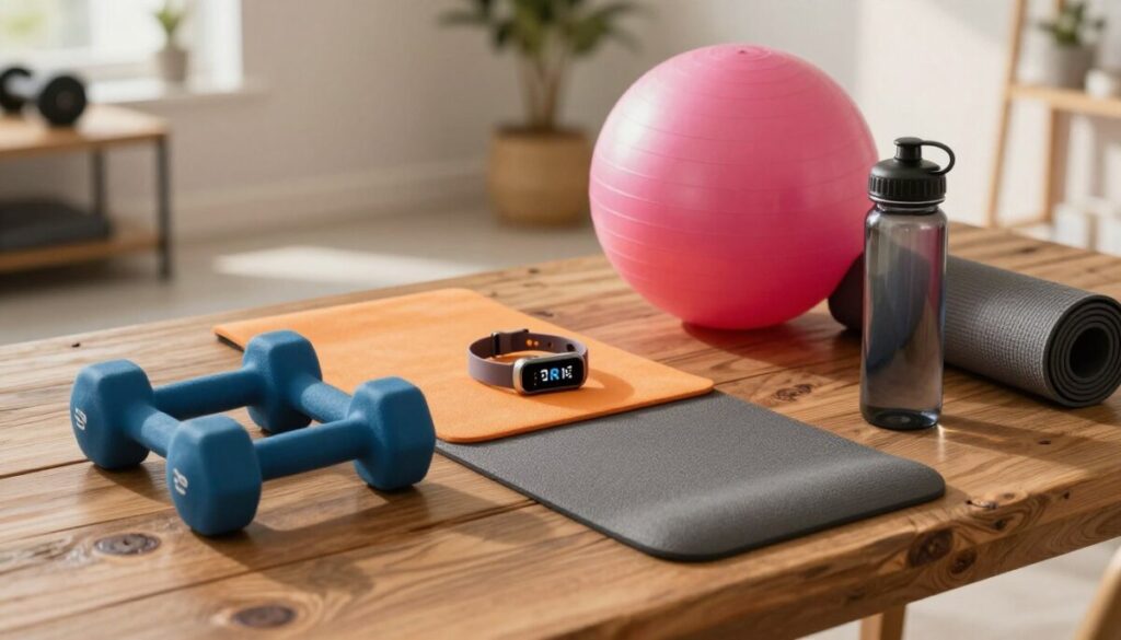 A well-organized display of five fitness gift ideas for dad, beautifully arranged on a rustic wooden table. In the foreground, showcase a set of dumbbells, a yoga mat, and a high-quality water bottle, glistening in soft natural light. The middle section features a stylish fitness tracker and a stability ball, with vibrant colors that pop against the wooden texture. The background should have a blurred home gym setting, softly illuminated by warm, inviting light, creating a motivational atmosphere. The angle should be slightly elevated, capturing the entire arrangement, inviting viewers to explore these thoughtful presents. The overall mood is inspiring and energizing, perfect for celebrating fitness enthusiasts.