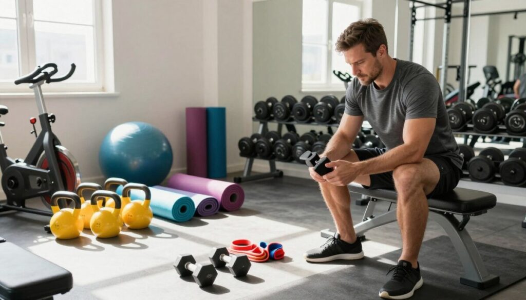 A well-organized gym space filled with various gym equipment suitable for home use. In the foreground, a thoughtful dad examines a selection of dumbbells and resistance bands, dressed in a fitted athletic outfit. The middle ground features a neatly arranged collection of fitness items including kettlebells, yoga mats, and a stability ball, all well lit with natural sunlight pouring through a nearby window. The background showcases a modern home gym environment with mirrors and a diverse range of equipment such as a stationary bike and a weight bench. The atmosphere is inviting and motivating, conveying a sense of fitness enthusiasm. The lighting is bright and uplifting, highlighting the equipment’s details and the dad’s focused expression as he considers the best option.